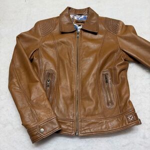 Tibor Luxe Women’s Brown Genuine Leather Moto Jacket Zip Front Floral Lined MED